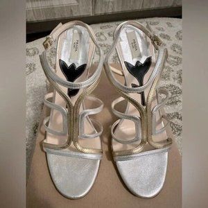 Authentic Prada gold and silver strap high heeled sandal, size 35